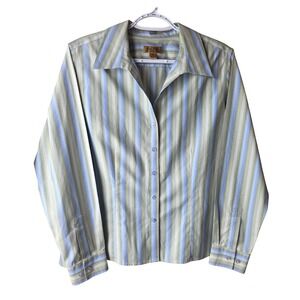 Westbound Petites Gold Label 14P Striped Cotton Button Front Shirt Blue Green